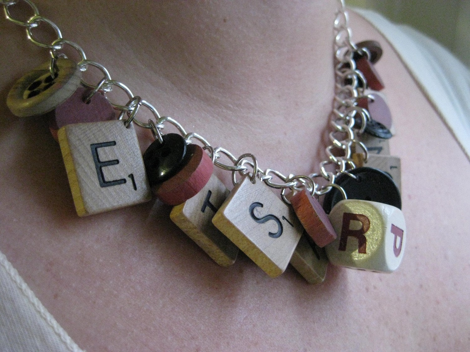 Recycled Rustic Wooden Game Piece Necklace. Scrabble, Button, Dice