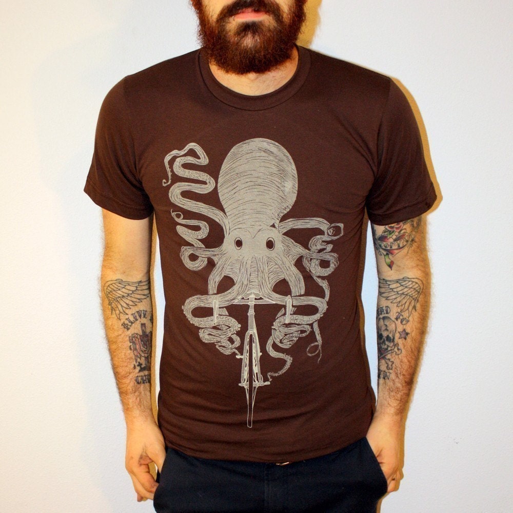 Octopus on a Bike - American Apparel - Brown - TShirt - Free Shipping - Available in XS, S, M, L, XL and XXL