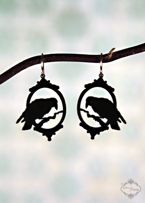 PREORDER - Lenore - Neo Victorian raven earrings in black stainless steel - Poe Nevermore