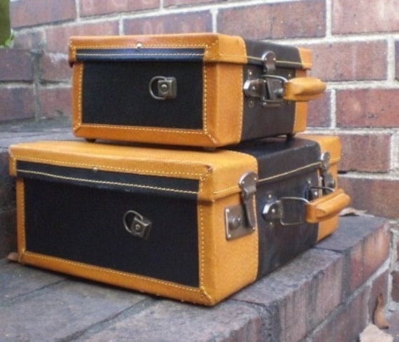 Vintage Unique Set of 2 Small Leather Suitcases