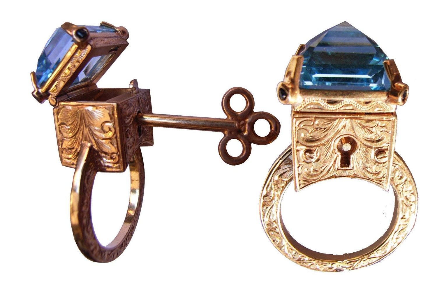 Engraved Topaz Locking Poison Ring with Key on Chain