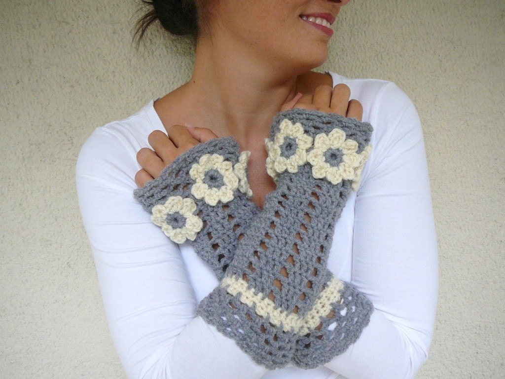 Gray - Ivory Arm Warmers with Flowers