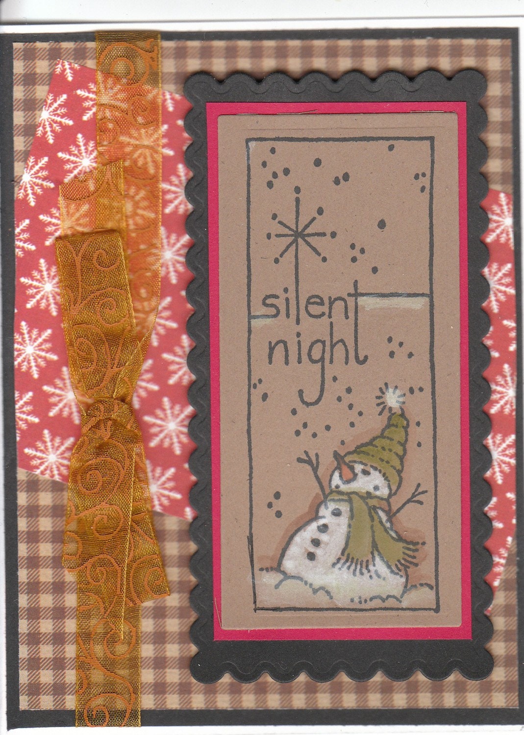 SILENT NIGHT WATERCOLOR SNOWMAN HANDMADE KRAFT CHRISTMAS CARD