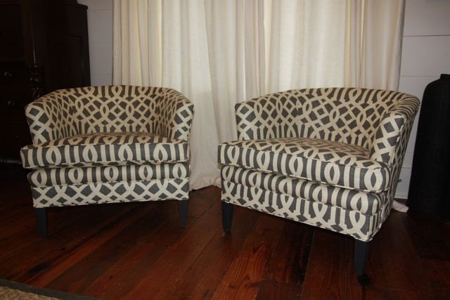 Gorgeous set of Kelly Wearstler Imperial Trellis upholstered club chairs