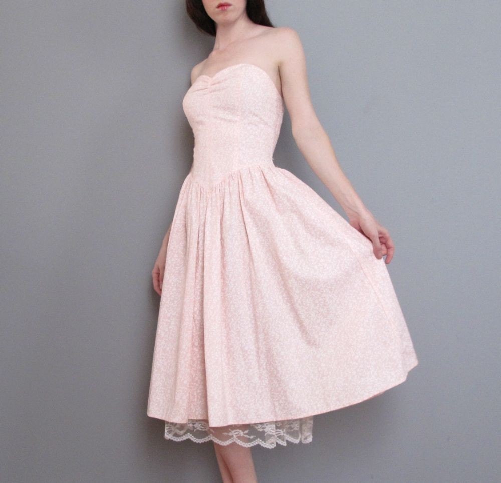 vintage PINK strapless cotton dress LACE slip XS S