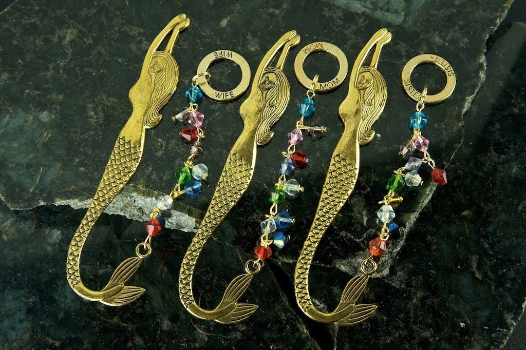 Mom, Sister, Wife, Husband, Brother, Dad Gold and Silver Mermaid Bookmarks