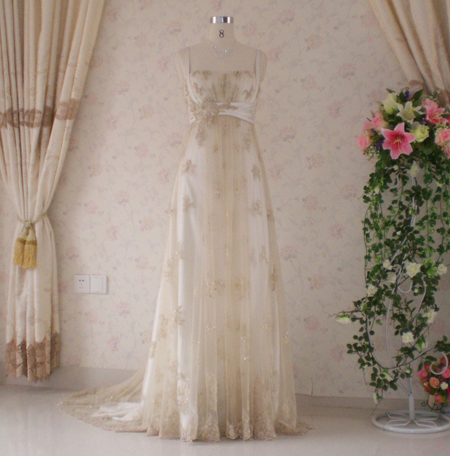 Gold Wedding Dress with Vintage Inspired Lace and Charmeuse Empire Waist 