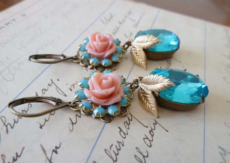 Turquoise Rose... Vintage Assemblage Earrings