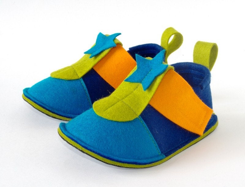 Toddler shoes Blue Pop Star -  soft soled toddler booties navy blue, azure, green & orange with non slip soles - toddler slippers