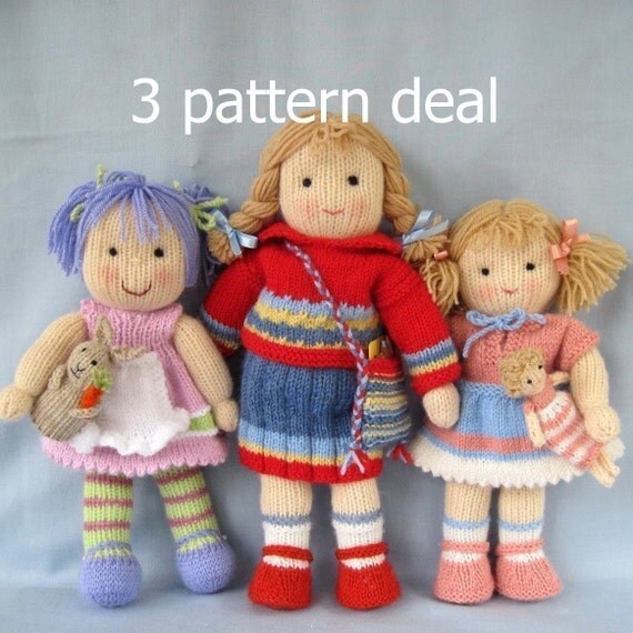 TILLY ، لولو و لوسی اسطو خودوس عادی -- 3 الگوی معامله -- عروسک اسباب بازی knitted -- ایمیل اف بافندگی الگوی