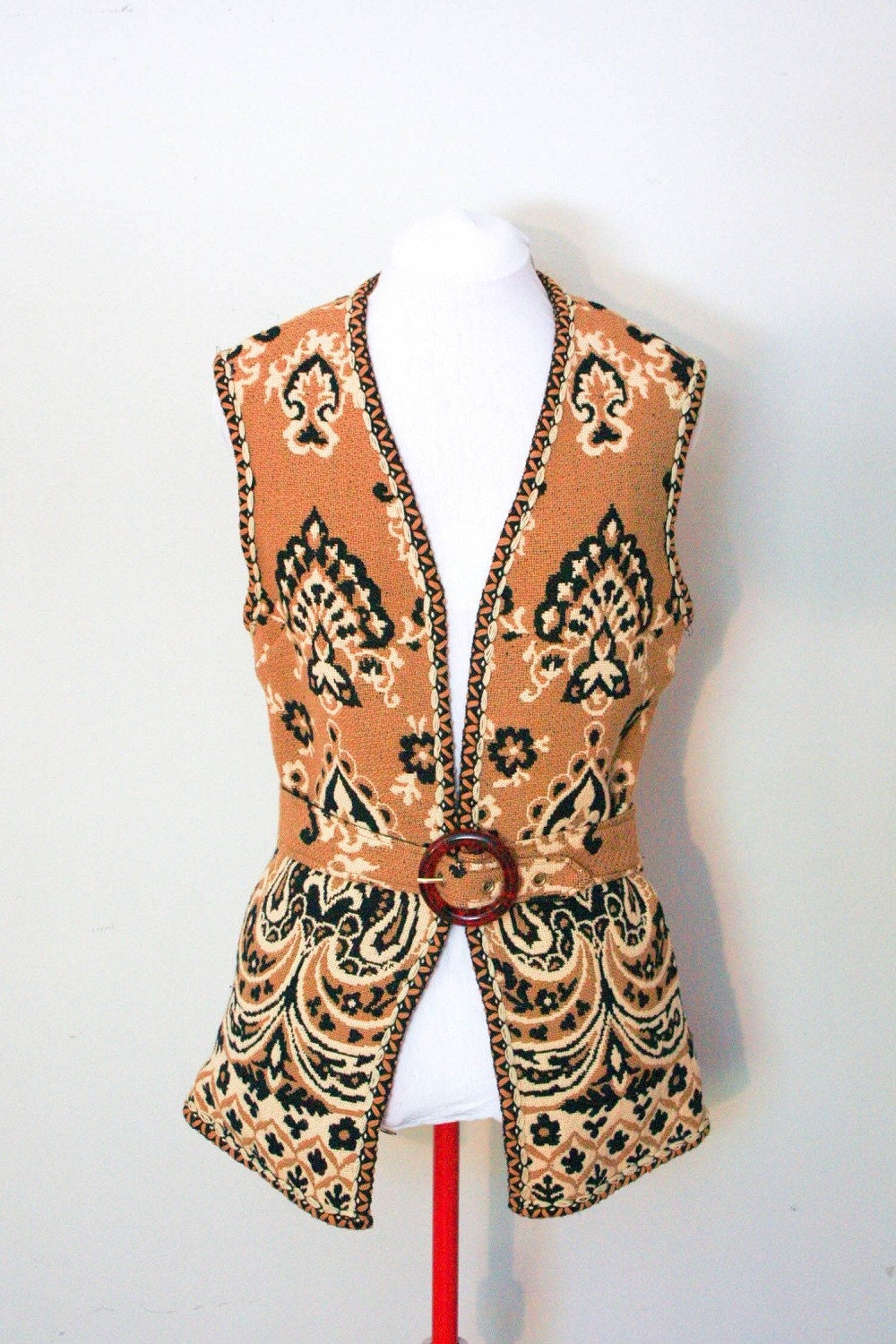 vintage 1960's goldenrod black beige wool blend tapestry vest with belt