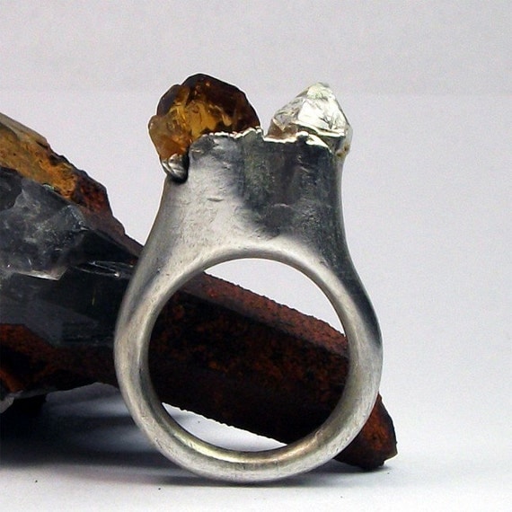 Silver Ring Citrine Herkimer Crystal Amber Diamond Organic Handmade Artisan