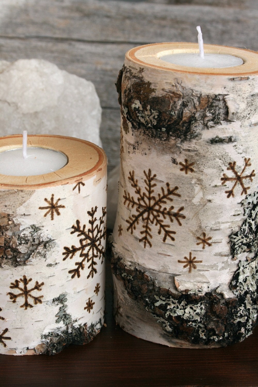 Snowflakes on Birch - Set of 2 Tealight Holders - Woodburning
