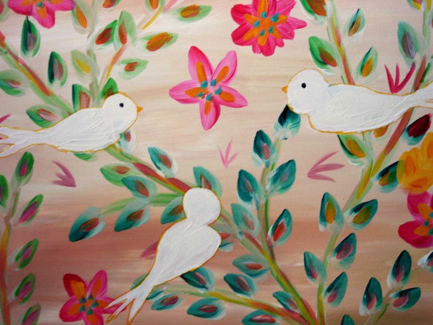 Cyber Monday Etsy Sale Birds and Flowers Original Painting on Canvas 36x24 RESERVED for julilemoncrief4