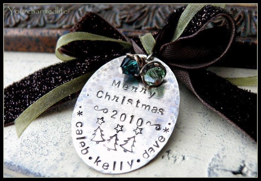 Hand stamped personalized custom names sterling silver CHRISTMAS ORNAMENT