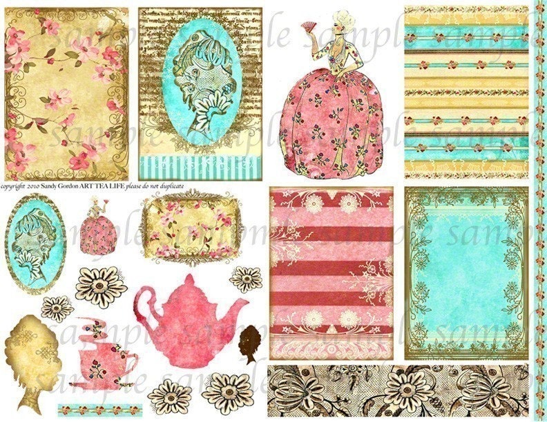 Marie Antoinette Floral Chic ATC and Silhouette for Tea Collage Sheet Tags Scrapbooking Journal Card Making, etc. Digital File