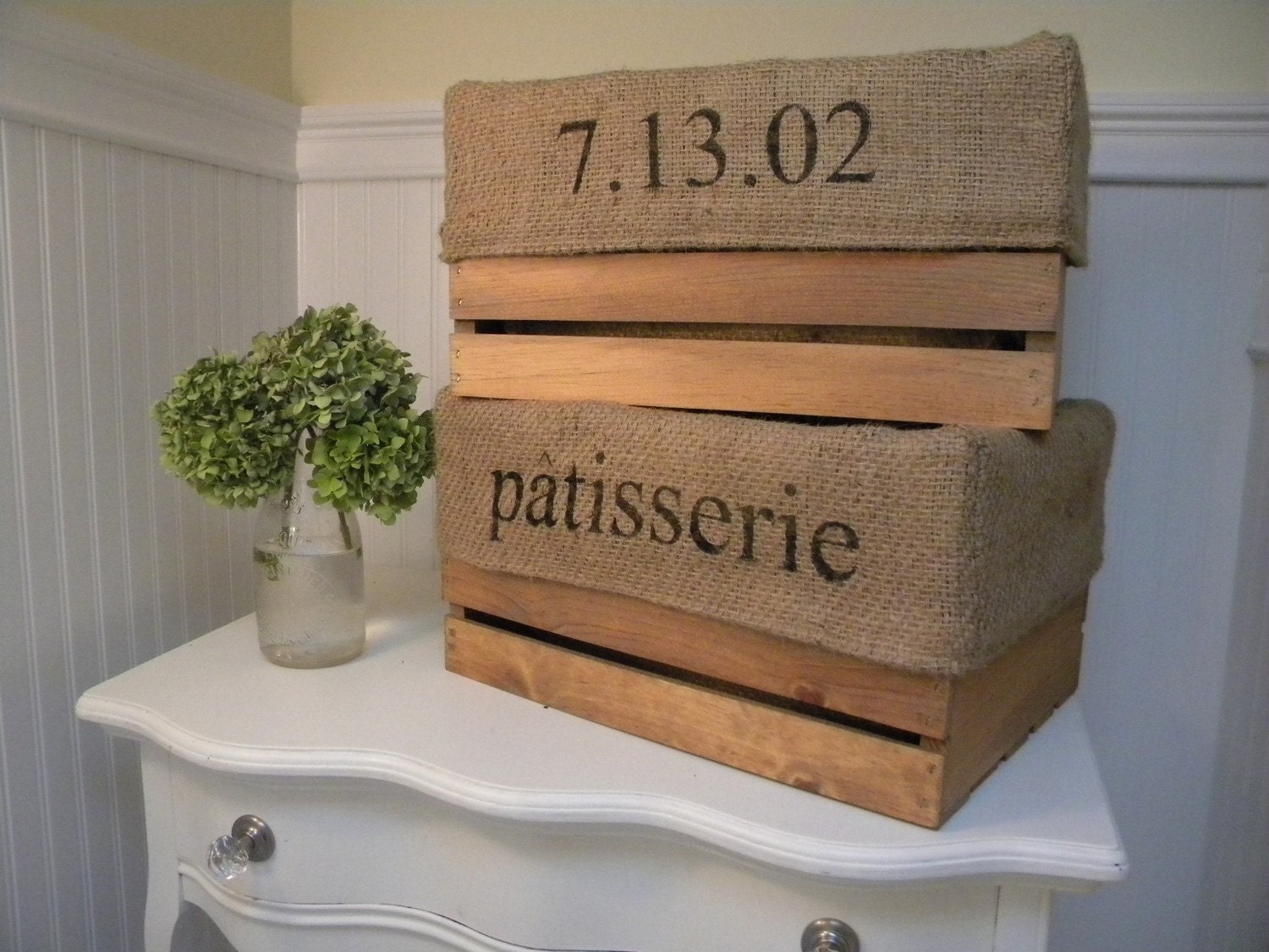 Customizable Personalized Farmhouse Shabby Chic Burlap Lined Storage Crate