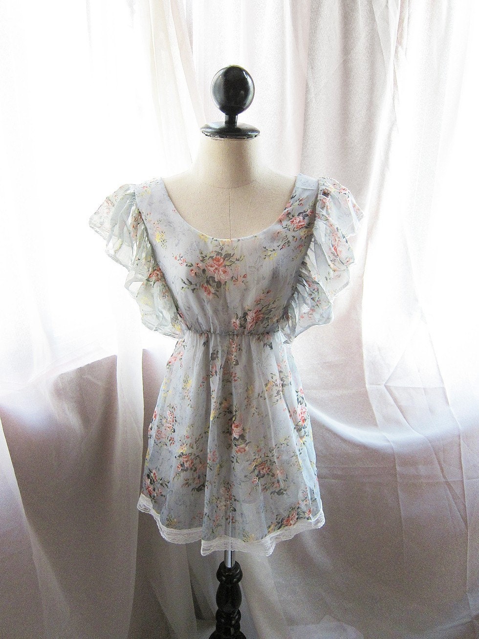 Romantic Vintage Powder Blue Misty Dreamy Garden Whimsical Petite Floral Soft Chiffon Butterfly Wings Dress y /Top