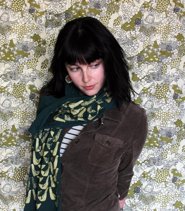 Screen Printed Jersey Scarf in Forest Green with Partridge Print in Gold