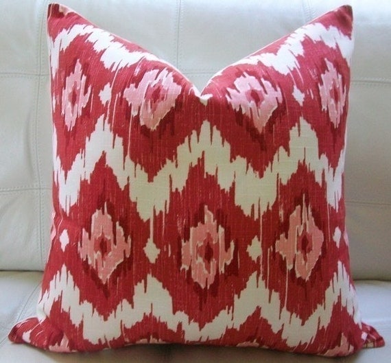 NEW Decorative Designer Pillow Cover 18X18 - Duralee IKAT Print in Red and Pink on an Ivory Background