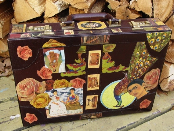 Frieda Kahlo vintage leather briefcase by recycled artist C. Reinke