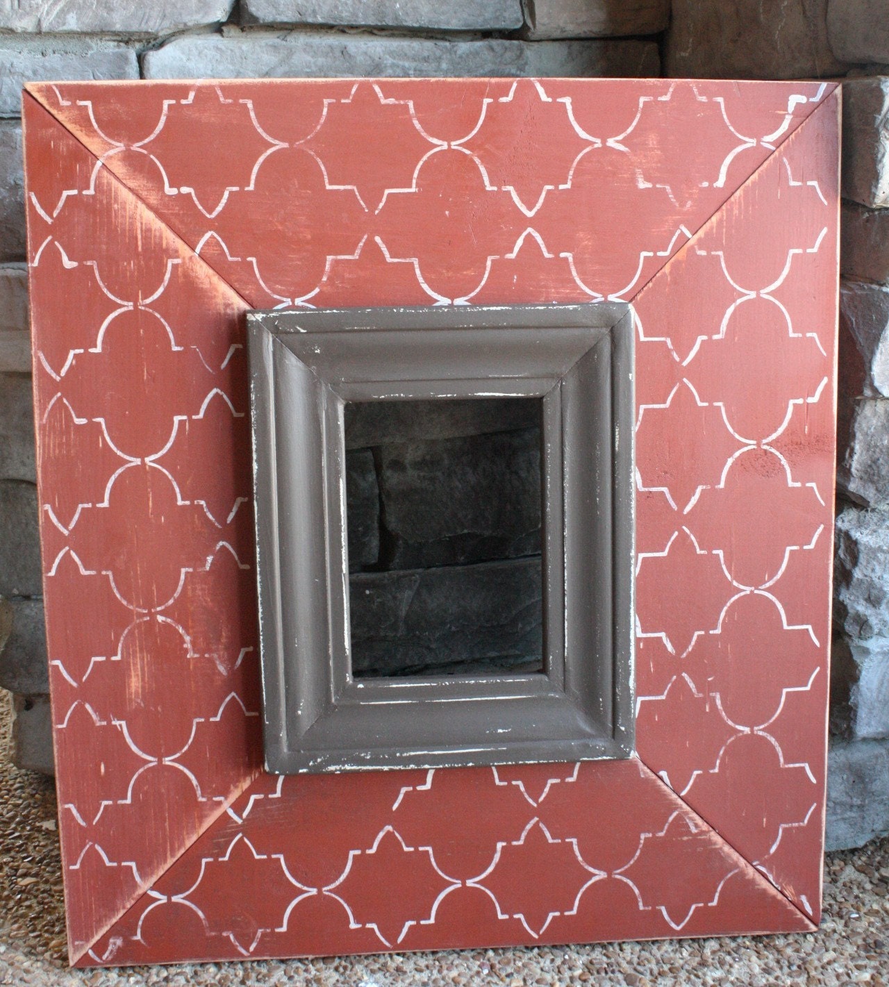IN STOCK - Guaranteed Christmas Delivery - 5x7 Distressed Picture Frame in Rust and Brown with Cream Trellis - OR You Choose Your Colors and Size