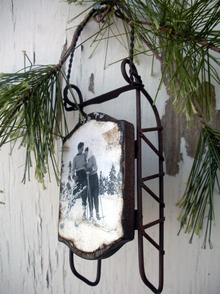 Love on the Ski Slopes - Vintage Style Sled Ornament