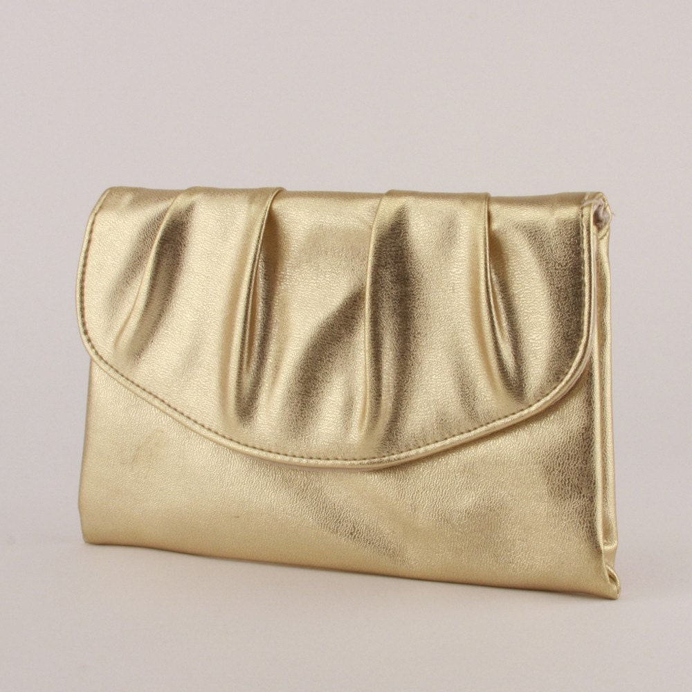 Vintage Gold Leather Envelope Ruched Clutch Deco Handbag 1940s 1950s