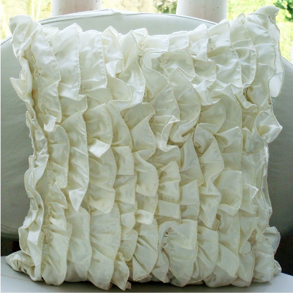 Vintage - Throw Pillow Covers - 16x16 Inches Satin Pillow Cover with Satin Ivory Ruffles