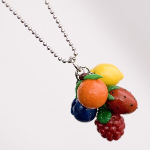 Roscata Rainbow Fruit Cocktail Necklace - Handmade Polymer Clay MIniature Food Jewelry
