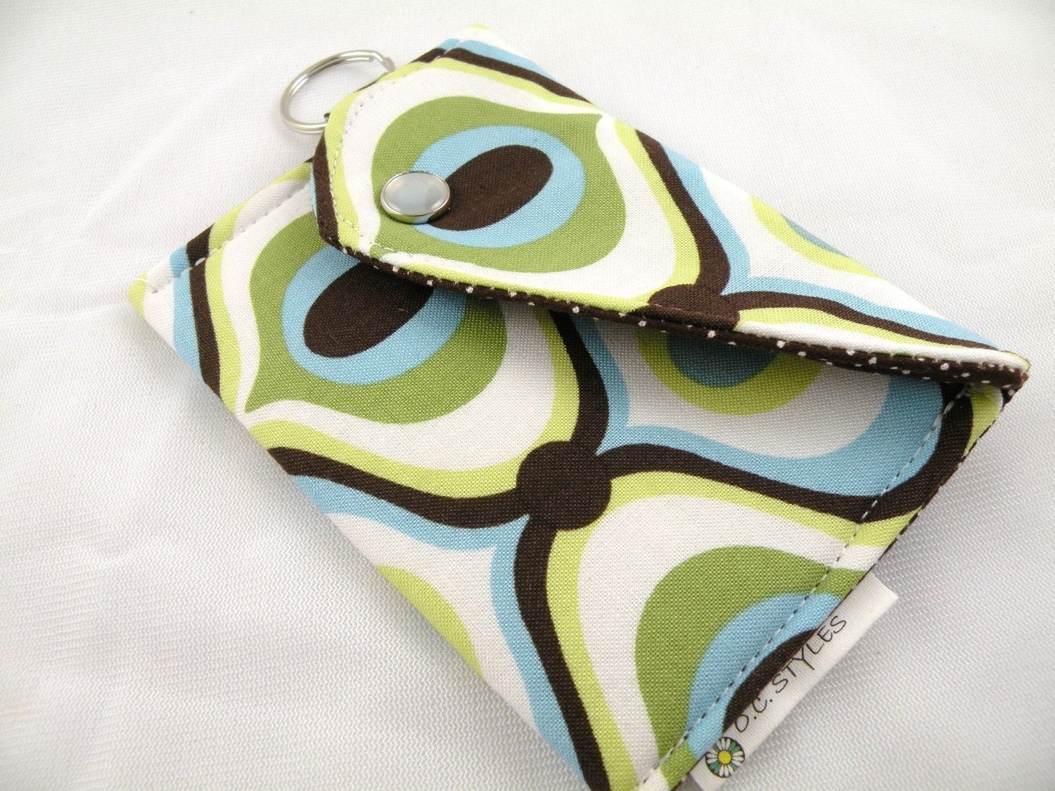 BUSINESS CARD HOLDER/COIN PURSE/CARD HOLDER with KEY RING--Feeling Groovy--Aqua/Brown/Lime--Cotton