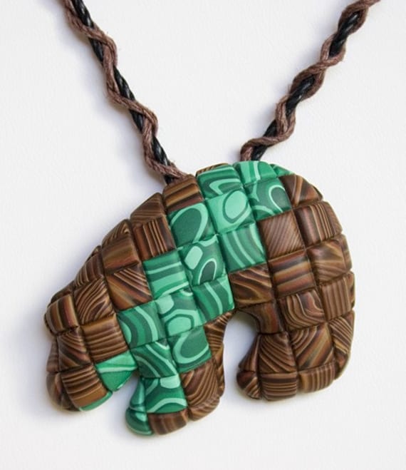 Faux Wood and Malachite Quilted ZUNI BEAR Pendant