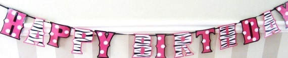 HAPPY BIRTHDAY Banner - ZEBRA and MINNIE MOUSE style print in black white and hot pink