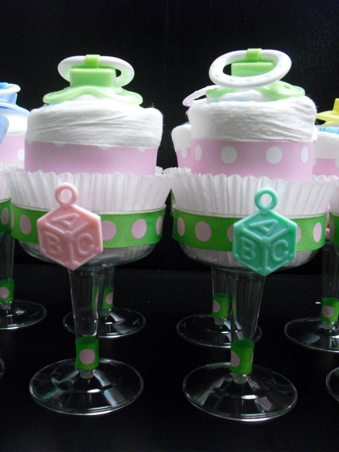 3 Champagne Diaper Cupcake Pink/Green With Pacifier
