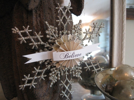 Aged Glitter SNOWFLAKE Ornament BELIEVE Adornament hang tag paper rosette Shabby Chic French CHRISTMAS decoration Holiday