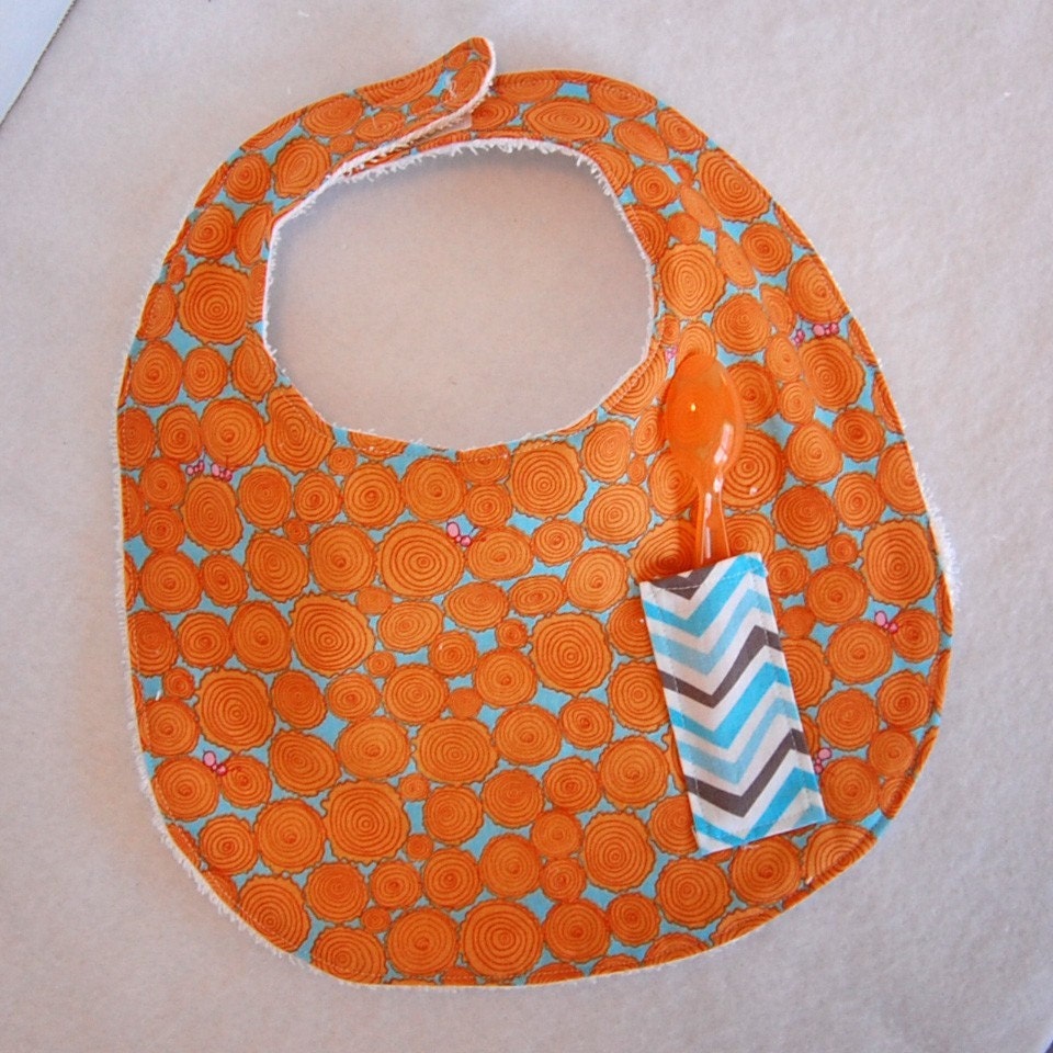 Bib in Orange and Blue Wood Print with Spoon Pocket, Funky and Cute, Classic Baby Gift