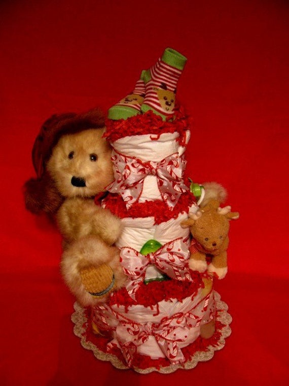 Christmas Baby Diaper Cake, Candy Canes and Bear, Baby Shower Centerpiece, Christmas Baby Gift