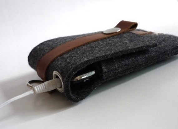 iphone, ipod ,cell, wallet  case industrial grey wool felt and tan leather by kazzki on etsy