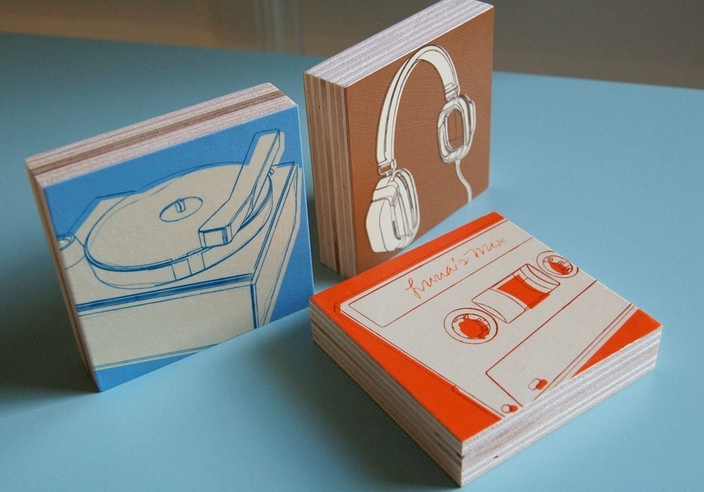 15% OFF SALE Lunastrella Art Block Set - 3 in x 3 in - Headphones, Cassette and Phono