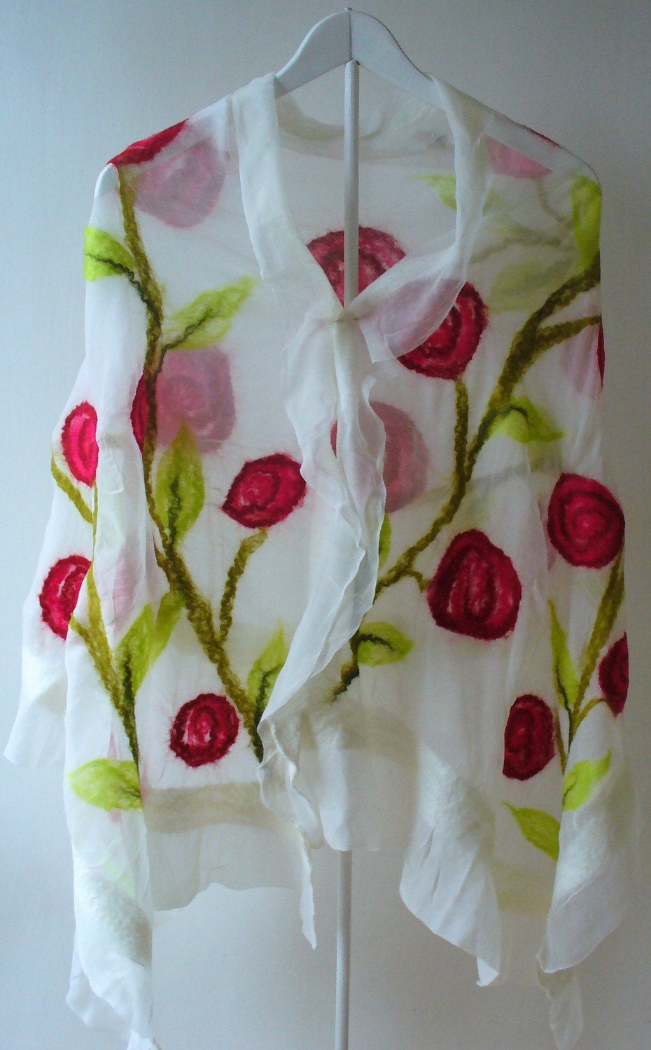 White Chiffon silk shawl with handfelted rose motif ethnic style