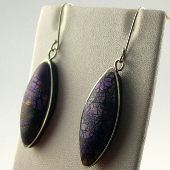 Earrings, Polymer Clay, Purple Crackled