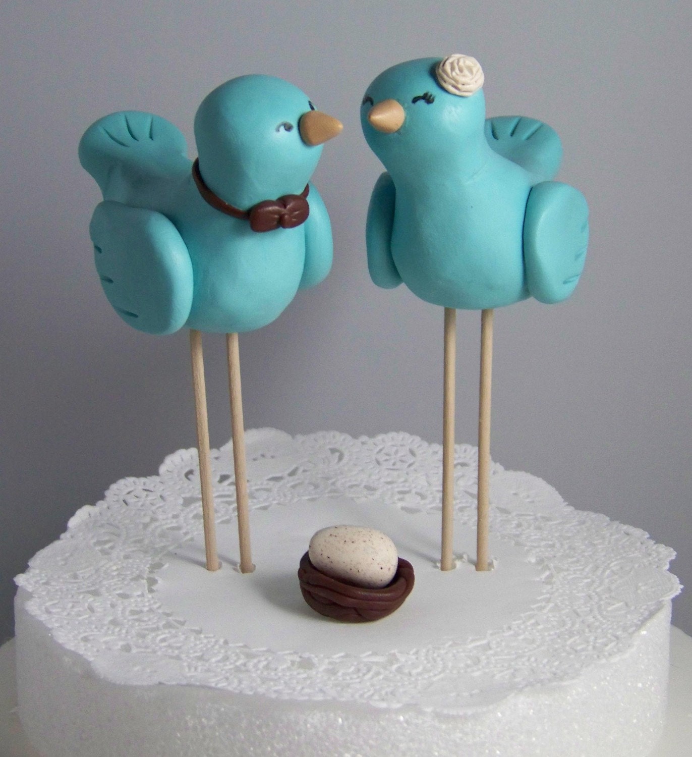 Large Nuzzling Love Birds Cake Topper with Nest and Speckled Egg Hand Sculpted Choice of Colors