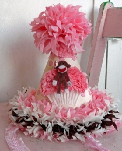 Pink Sock Monkey Hat, Monkey on Strawberry Cupcake Pink Polka Dots Custom, Personalize too