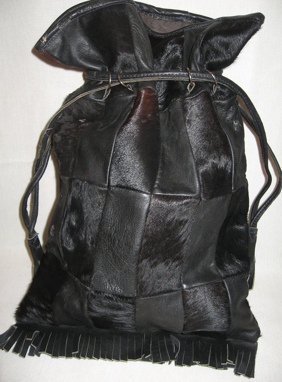 Drawstring HOBO PATCH BAG w/ Cowhide & Cow Hair '60's - '70's