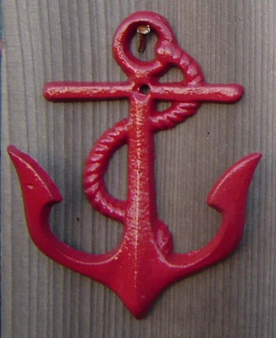 ANCHOR Hook. RED Cast Iron. Nautical Coastal Beach theme Wall Decor. A pop of color explosion....Can be CUSTOM painted to suit your decor