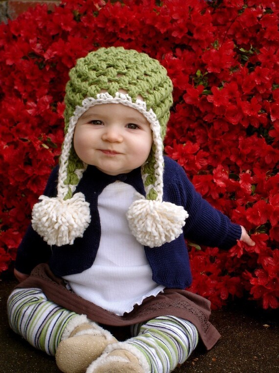 Green Organic Crochet Pom-Pom Hat Size 6-12 Months