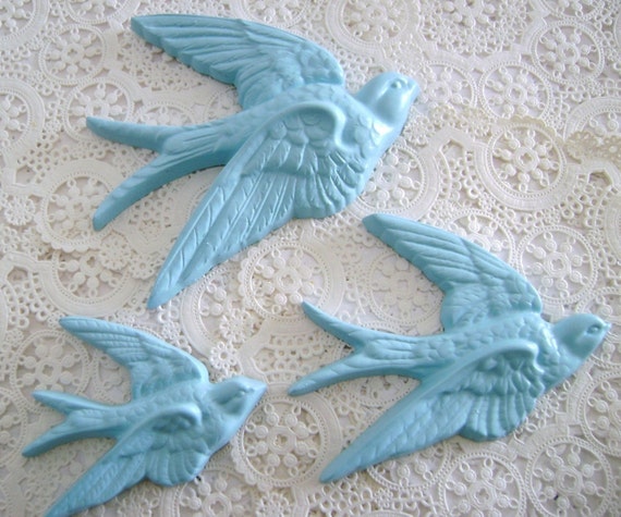 Aqua Flock , Vintage Handpainted Blue Birds Wall Plaques , Painted to Order