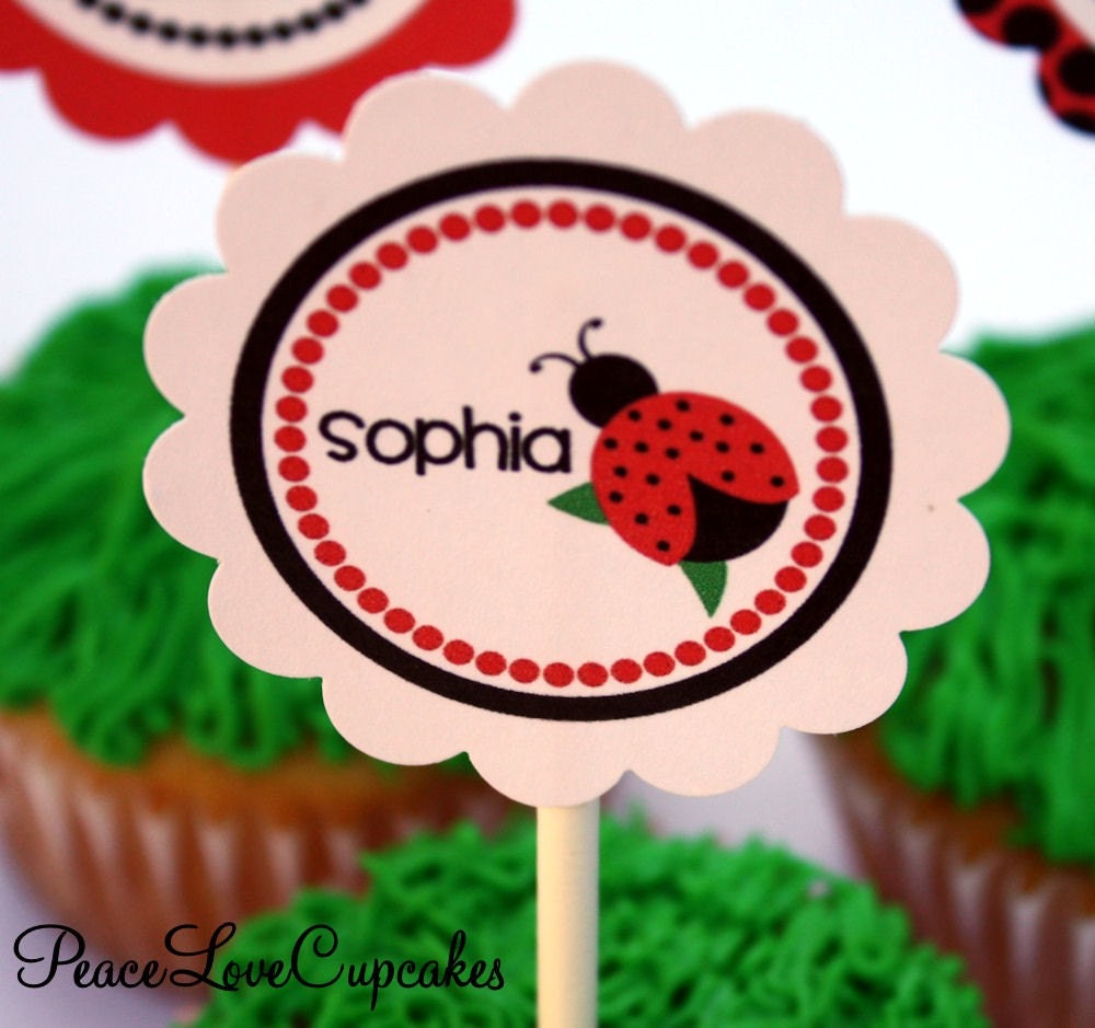 Black and Red Ladybug Printable DIY Cupcake Toppers, Personalized Party Circles, Favor Tags
