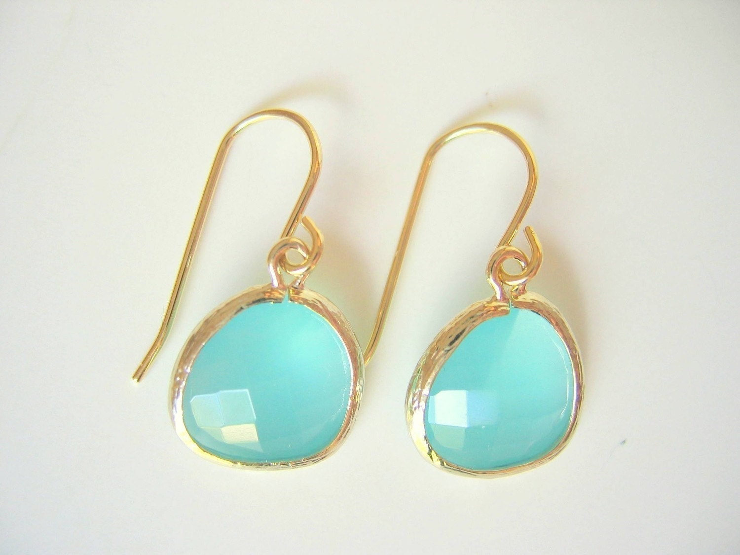 Aqua Glass Gold Trimmed Earrings