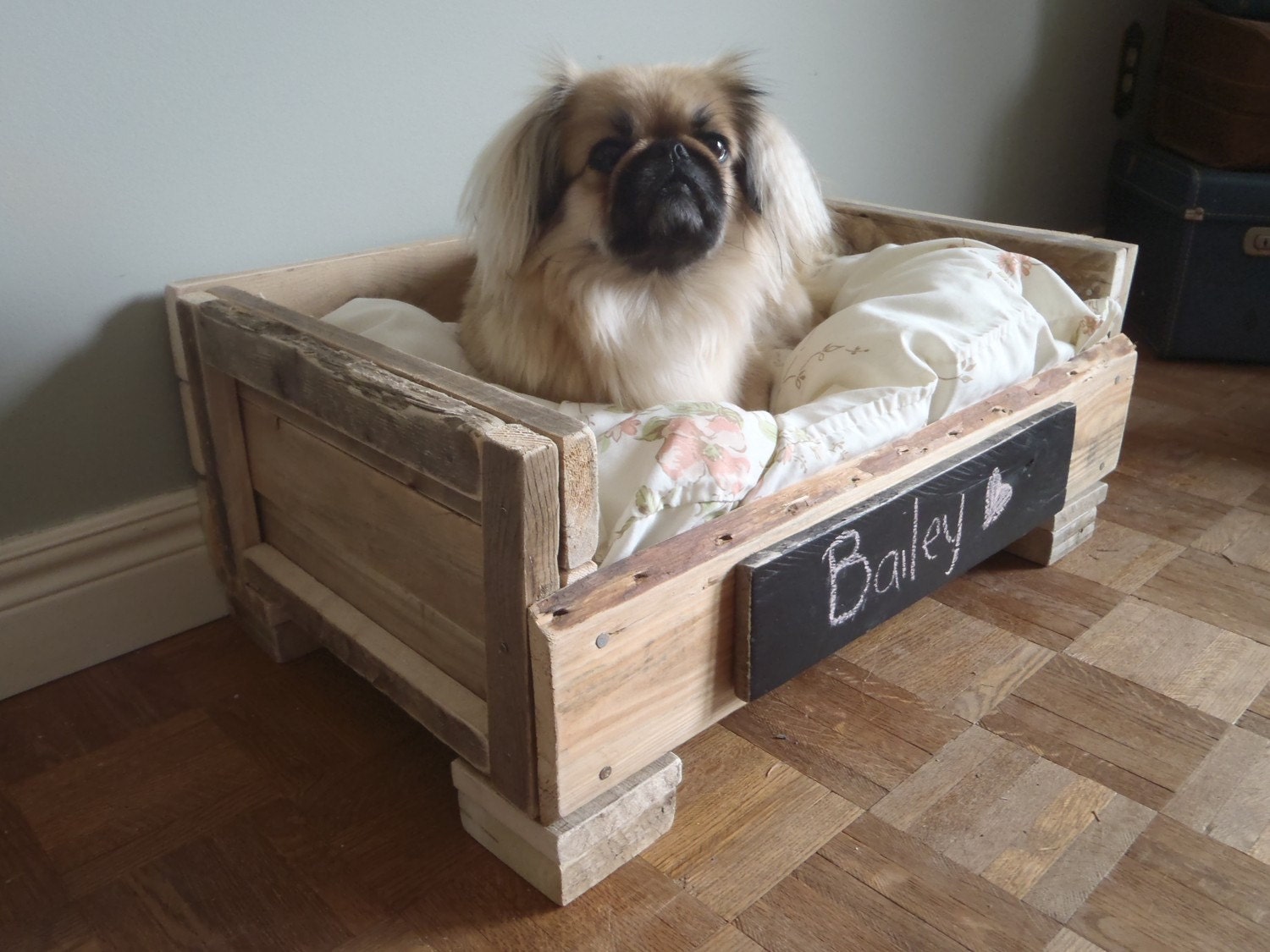 Reclaimed Wood Pet Bed - Natural and White Floral - 2 Dollars goes to LAPS animal protection